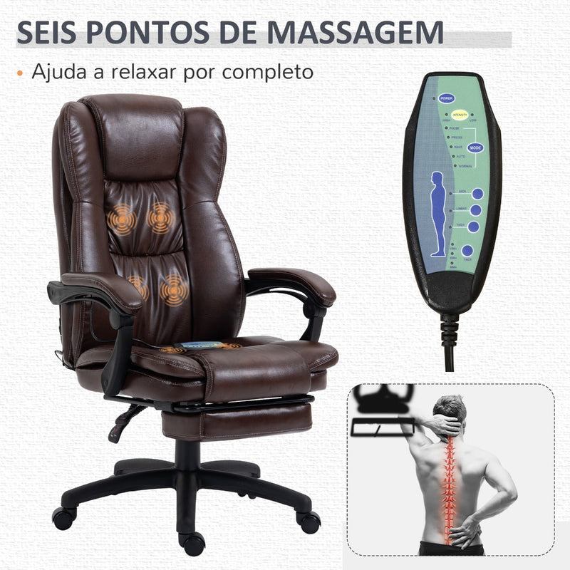 Cadeira de Escritório Giratória com Altura Ajustável 6 Pontos de Massagem Controle Remoto e Apoio para os Pés Retrátil 68,5x68,5x119-127cm Marrom