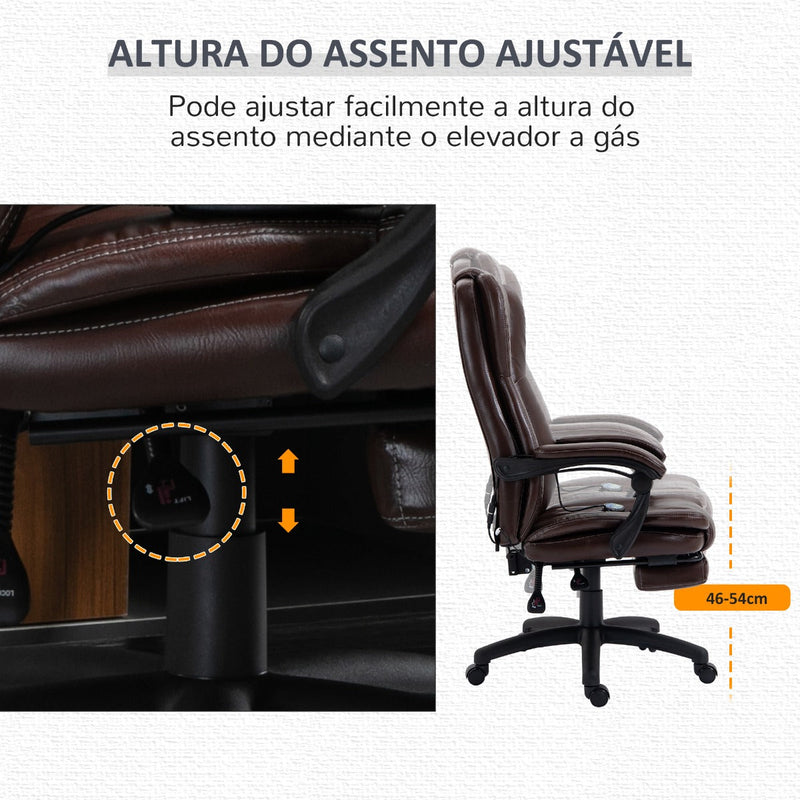 Cadeira de Escritório Giratória com Altura Ajustável 6 Pontos de Massagem Controle Remoto e Apoio para os Pés Retrátil 68,5x68,5x119-127cm Marrom