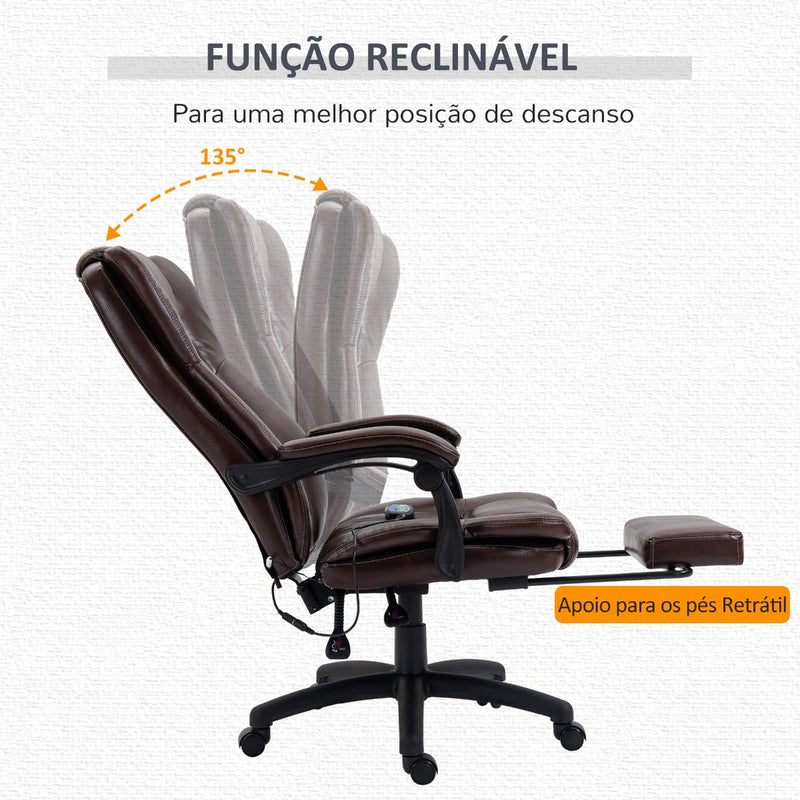 Cadeira de Escritório Giratória com Altura Ajustável 6 Pontos de Massagem Controle Remoto e Apoio para os Pés Retrátil 68,5x68,5x119-127cm Marrom