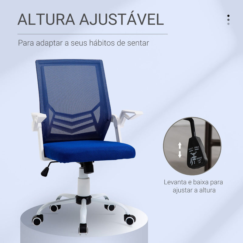 Cadeira de Escritório Ergonômica Giratória com Altura Ajustável Apoio para os Braços Dobrável Suporte Lombar e Encosto Transpirável 62,5x55x94-104cm Azul