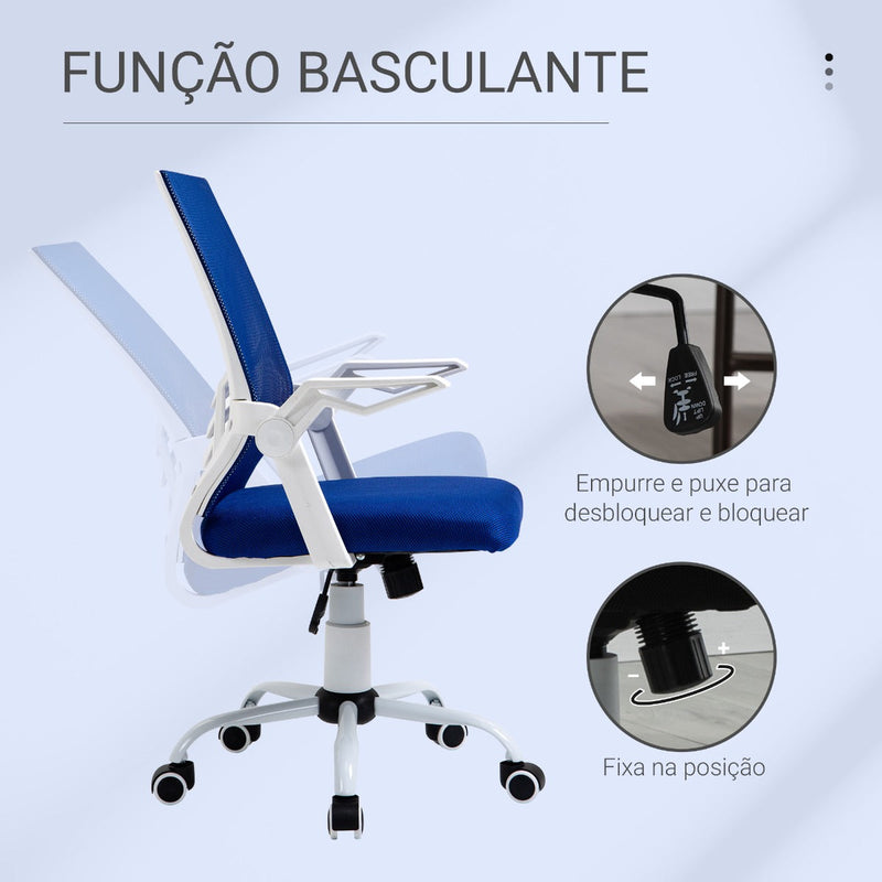 Cadeira de Escritório Ergonômica Giratória com Altura Ajustável Apoio para os Braços Dobrável Suporte Lombar e Encosto Transpirável 62,5x55x94-104cm Azul