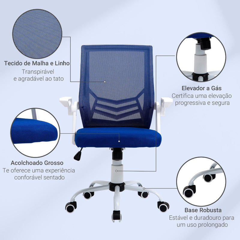 Cadeira de Escritório Ergonômica Giratória com Altura Ajustável Apoio para os Braços Dobrável Suporte Lombar e Encosto Transpirável 62,5x55x94-104cm Azul