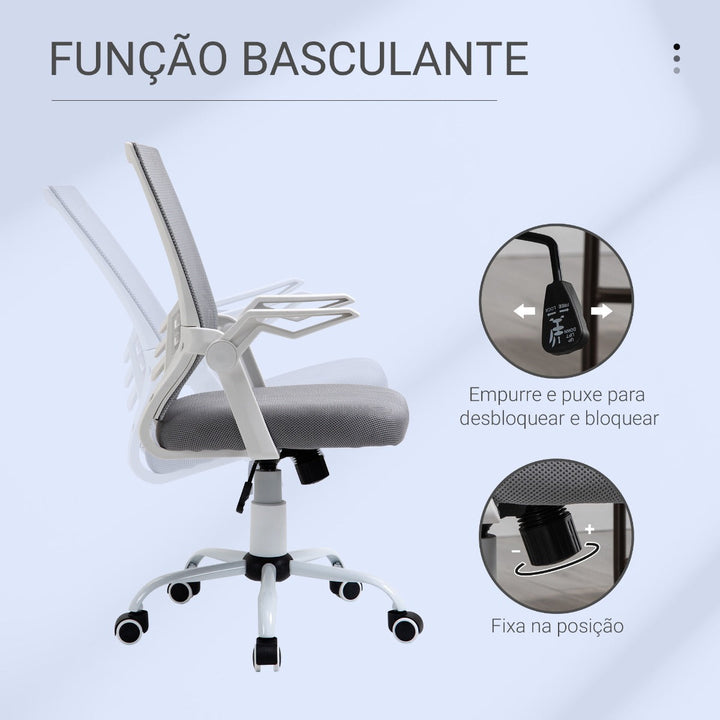 Cadeira de Escritório Ergonômica Giratória com Altura Ajustável Apoio para os Braços Dobrável Suporte Lombar e Encosto Transpirável 62,5x55x94-104cm Cinza