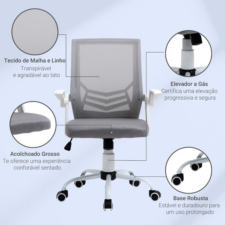 Cadeira de Escritório Ergonômica Giratória com Altura Ajustável Apoio para os Braços Dobrável Suporte Lombar e Encosto Transpirável 62,5x55x94-104cm Cinza