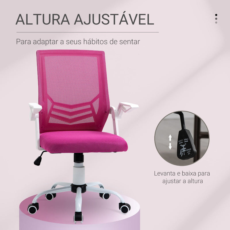 Cadeira de Escritório Ergonômica Giratória com Altura Ajustável Apoio para os Braços Dobrável Suporte Lombar e Encosto Transpirável 62,5x55x94-104cm Rosa