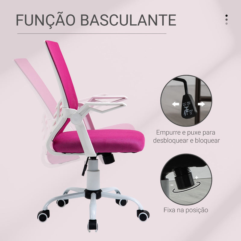 Cadeira de Escritório Ergonômica Giratória com Altura Ajustável Apoio para os Braços Dobrável Suporte Lombar e Encosto Transpirável 62,5x55x94-104cm Rosa