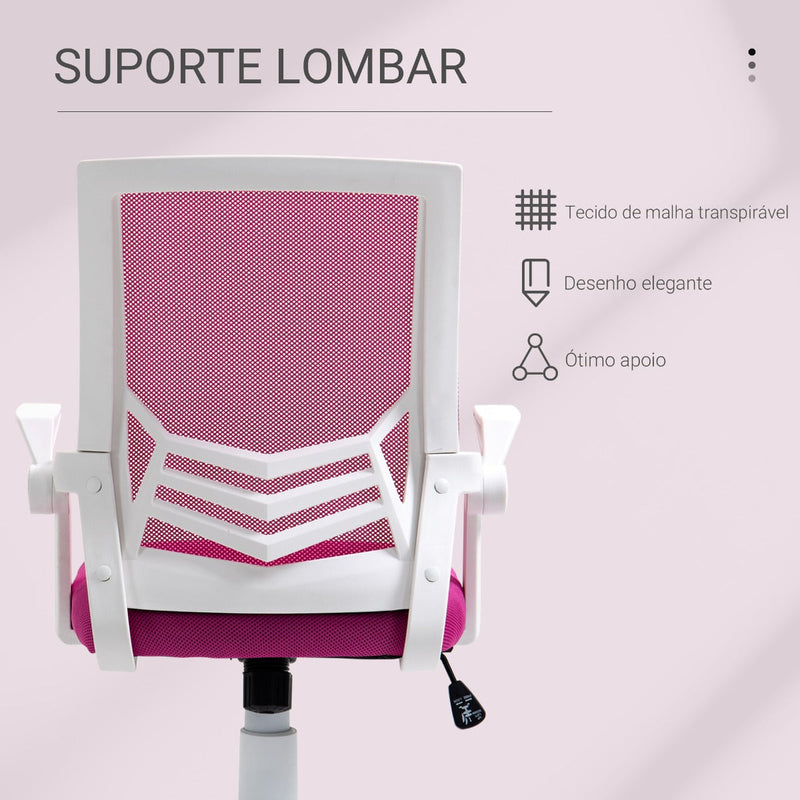 Cadeira de Escritório Ergonômica Giratória com Altura Ajustável Apoio para os Braços Dobrável Suporte Lombar e Encosto Transpirável 62,5x55x94-104cm Rosa