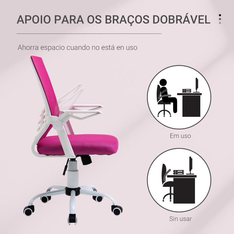 Cadeira de Escritório Ergonômica Giratória com Altura Ajustável Apoio para os Braços Dobrável Suporte Lombar e Encosto Transpirável 62,5x55x94-104cm Rosa