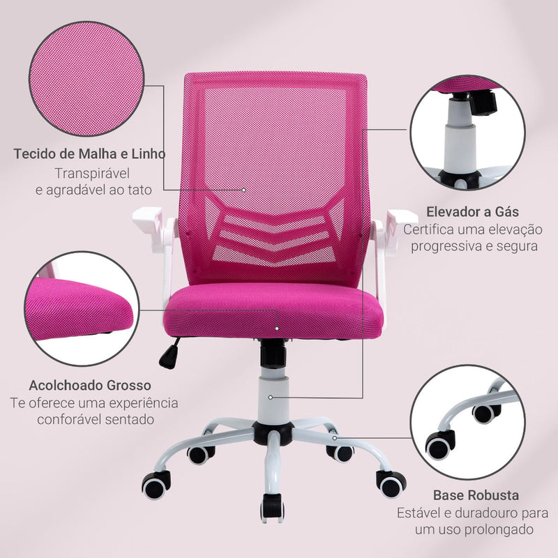 Cadeira de Escritório Ergonômica Giratória com Altura Ajustável Apoio para os Braços Dobrável Suporte Lombar e Encosto Transpirável 62,5x55x94-104cm Rosa