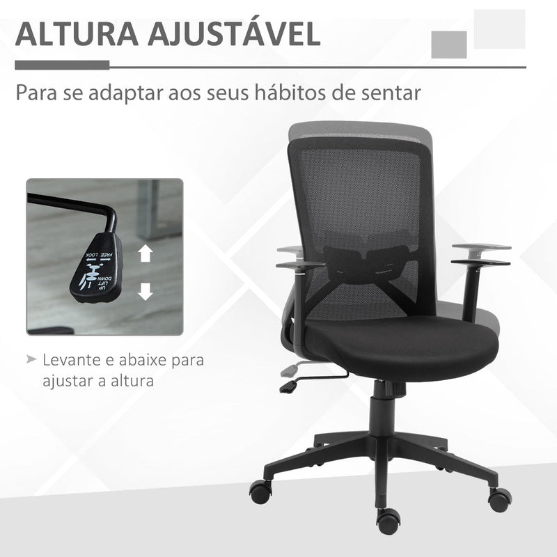 Cadeira de Escritório Giratória Cadeira de Escritório com Altura Ajustável Apoio para os Braços Suporte Lombar Encosto Transpirável e Função Basculante 62x61x99-109cm Preto