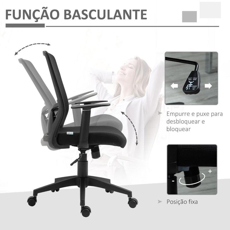 Cadeira de Escritório Giratória Cadeira de Escritório com Altura Ajustável Apoio para os Braços Suporte Lombar Encosto Transpirável e Função Basculante 62x61x99-109cm Preto