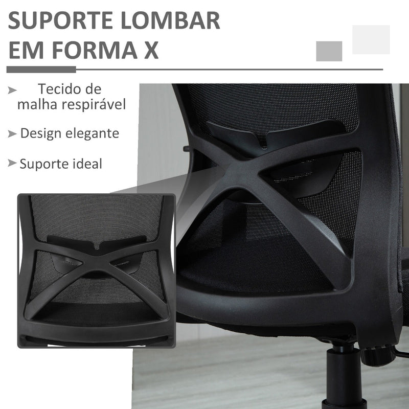 Cadeira de Escritório Giratória Cadeira de Escritório com Altura Ajustável Apoio para os Braços Suporte Lombar Encosto Transpirável e Função Basculante 62x61x99-109cm Preto