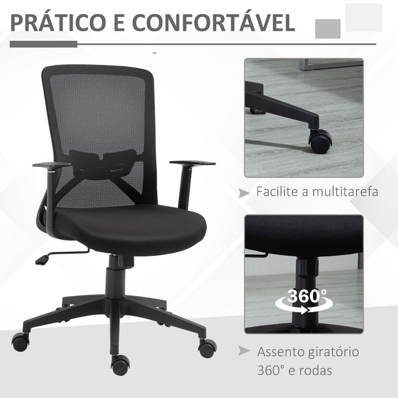 Cadeira de Escritório Giratória Cadeira de Escritório com Altura Ajustável Apoio para os Braços Suporte Lombar Encosto Transpirável e Função Basculante 62x61x99-109cm Preto