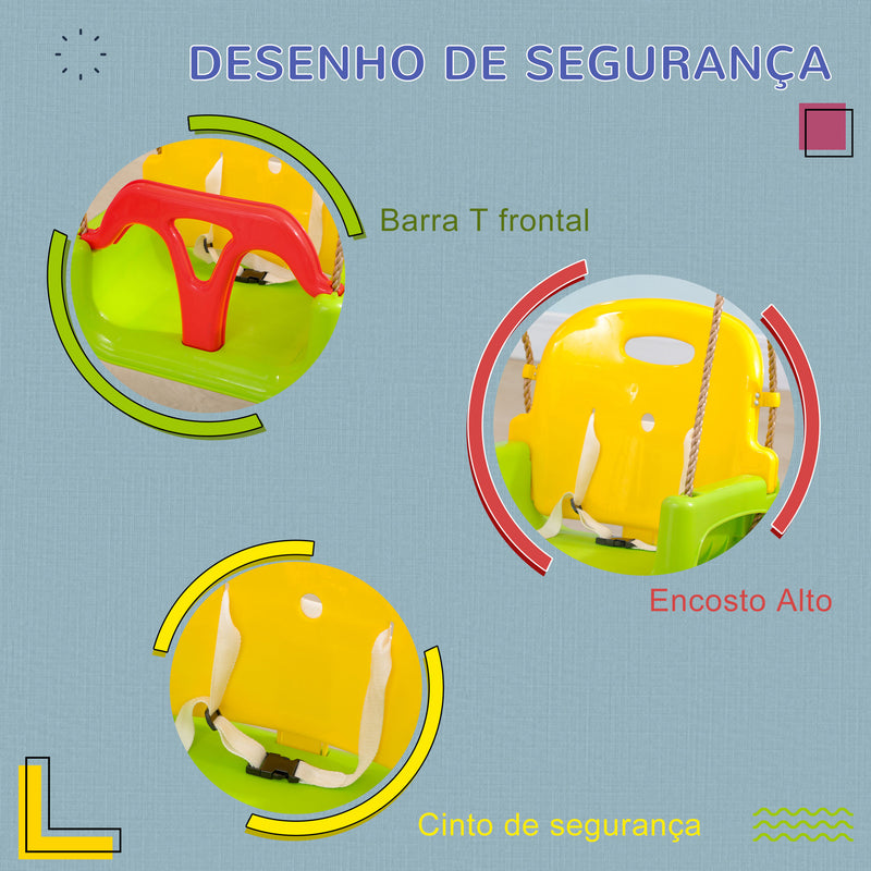 Baloiço para Bebé 3 em 1 com Encosto Desmontável Cordas Ajustáveis e Barra em T Baloiço Infantil para Crianças de 9-36 Meses para Interior e Exterior 42x33x120-180 cm Multicor