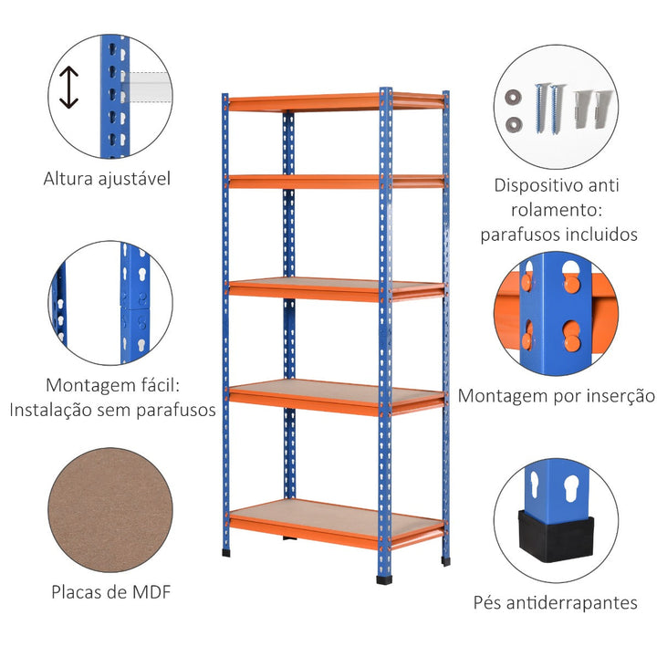 Estante Metálica de Armazenamento 80x40x182cm com 5 Prateleiras Altura Ajustável Carga Máxima por Prateleira 300kg para Armazenamento Garagem Oficina Azul e Laranja