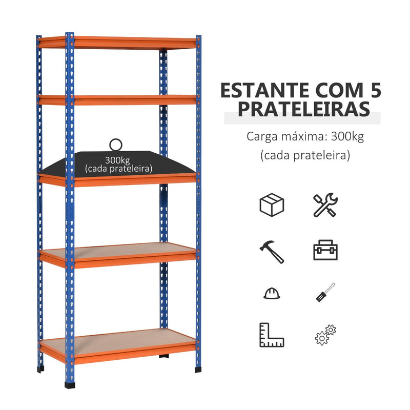 Estante Metálica de Armazenamento 80x40x182cm com 5 Prateleiras Altura Ajustável Carga Máxima por Prateleira 300kg para Armazenamento Garagem Oficina Azul e Laranja