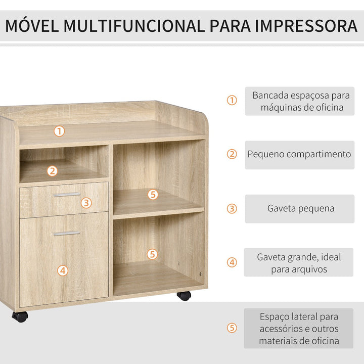 Armário para Impressora Armário Multifuncional de Escritório com 3 Compartimentos 2 Gavetas para Arquivos Prateleira Ajustável 2 Rodas com Freios 80x40x72cm Carvalho