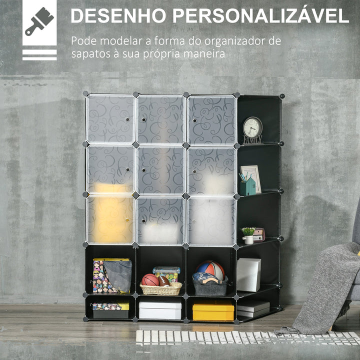 Armário Modular de Plástico Armário Portátil com 16 Cubos e 2 Barras Organizador de Sapatos Roupas Brinquedos para Entrada Corredor Dormitório 145x46x162cm Preto e Branco