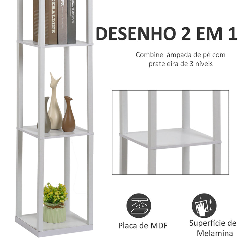 Lâmpada de assoalho de madeira com 3 prateleiras para sala de estar potência máxima do bulbo E27 40W 26x26x160 cm branco