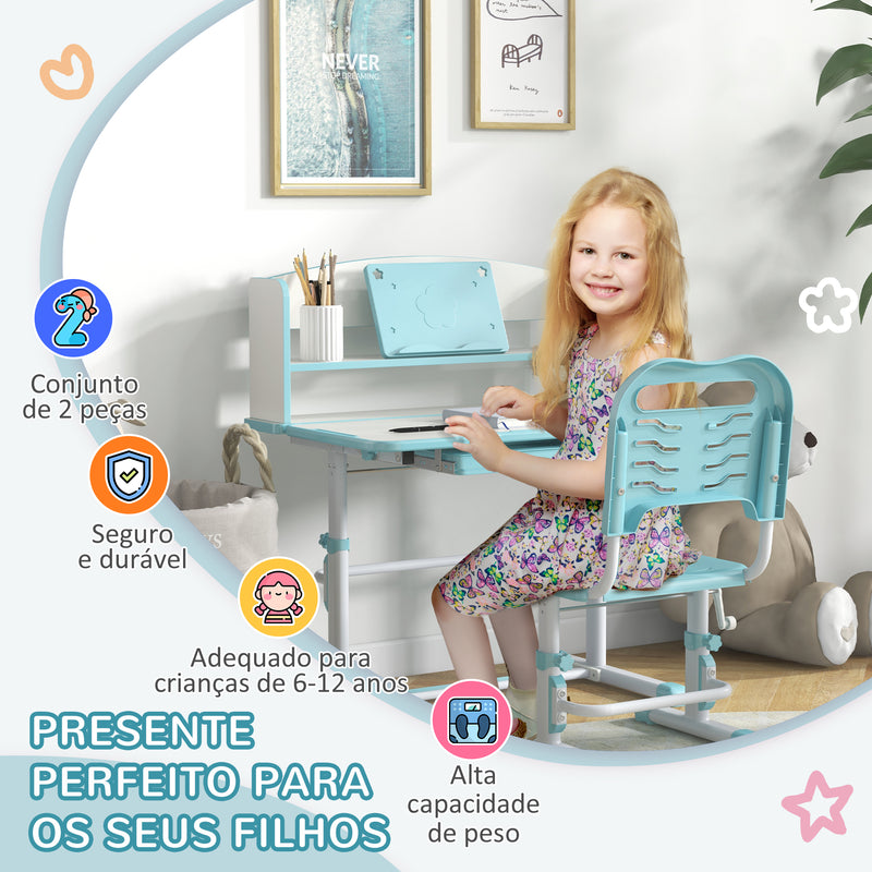 Conjunto de Secretária e Cadeira para Crianças de 6-12 Anos Secretária para Crianças com Altura Ajustável com 1 Gaveta 1 Prateleira para Livros e Ângulo da Mesa Ajustável 80x54,5x82-104 cm Azul