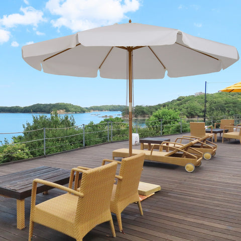 Chapéu de Sol de Jardim Ø325x250 cm Chapéu de Sol de Madeira com Sistema de Polea Teto com Ventilação e 8 Hastes de Bambú para Terraço Balcão Exterior Bege