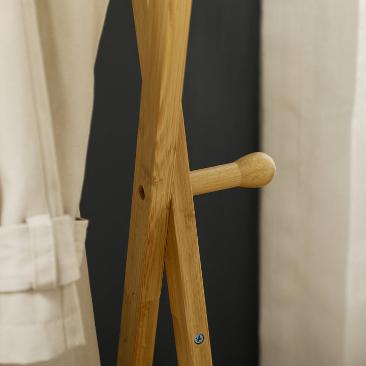 Suporte para Cabides de Bambu Porta Cabides com Prateleira para Sapatos 2 Barras e 2 Ganchos para Corredor Entrada Dormitório 74x42x150 cm Madeira