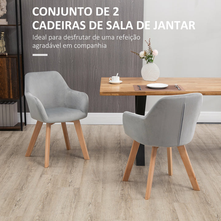 Conjunto de 2 Cadeiras de Sala de Jantar Modernas Cadeiras de Cozinha Estofadas em Veludo com Encosto Médio e Pés de Madeira de Borracha para Sala de Estar Carga 120kg 54x57x80cm Cinza