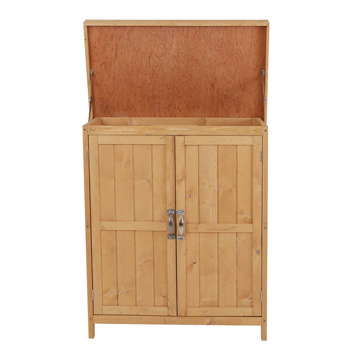 Armário de Madeira Armário de Ferramentas de Jardinagem Barraca Exterior, 2 Portas, Teto Impermeável Madeira Maciça 74x43x88cm