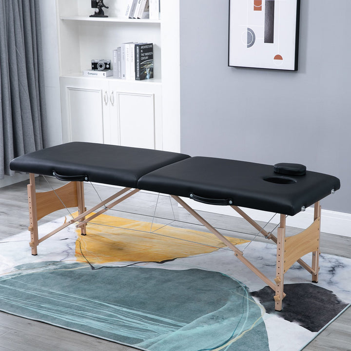 Marquesa de Massagem Dobrável Mesa de Massagem Portátil com Apoio para a Cabeça Estrutura de Madeira Altura Ajustável e Bolsa de Transporte 186x60x58-81 cm Preto