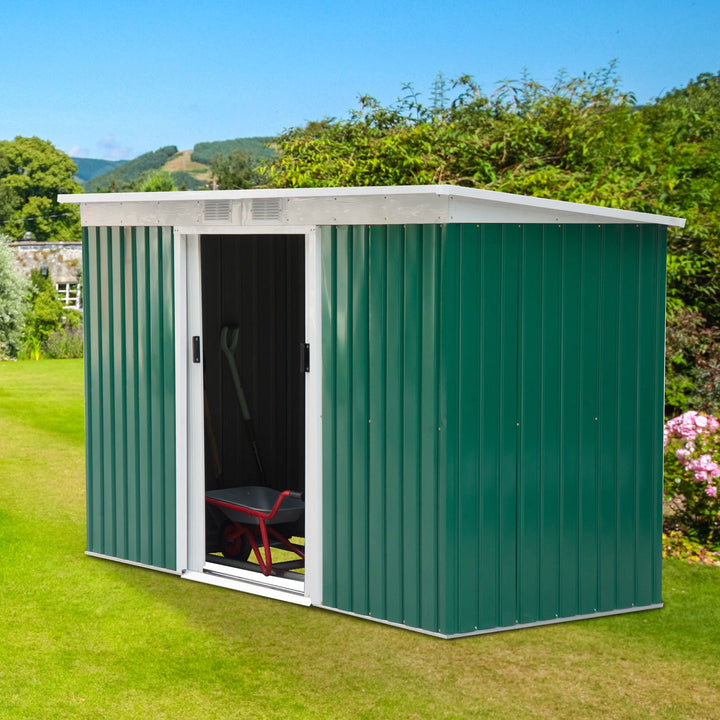 Barracão de jardim tipo galpão de metal para armazenamento de ferramentas 277x130x173cm Aço verde