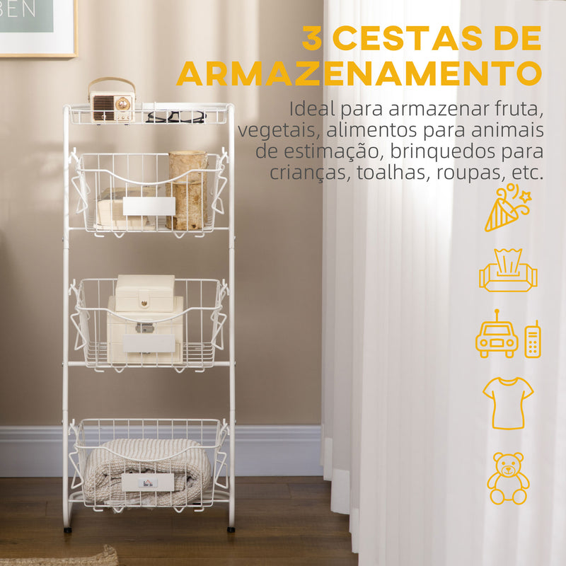 Fruteira Cesto para Frutas e Verduras de 3 Níveis com Cestos Amovíveis e Empilháveis de Aço para Cozinha Sala de Jantar 42,5x36,5x91cm Branco