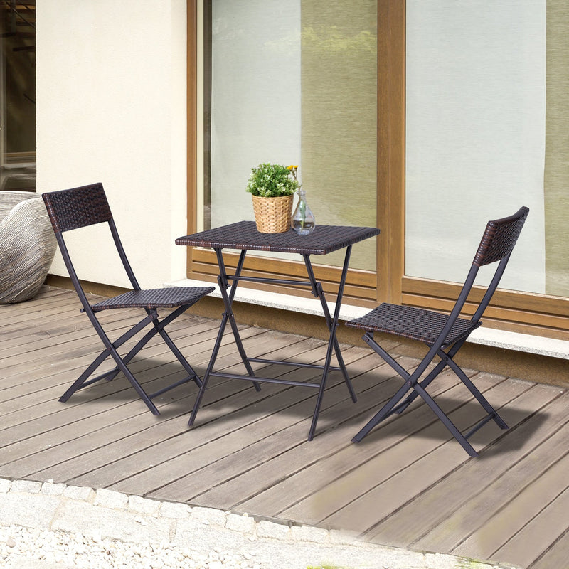 Conjunto de 3 Peças de Rattan Conjunto de 2 Cadeiras e Mesa para Pátio Varanda Jardim Dobrável Desenho Trançado Elegante Mesa de 60x60x72 cm Cor Marrom