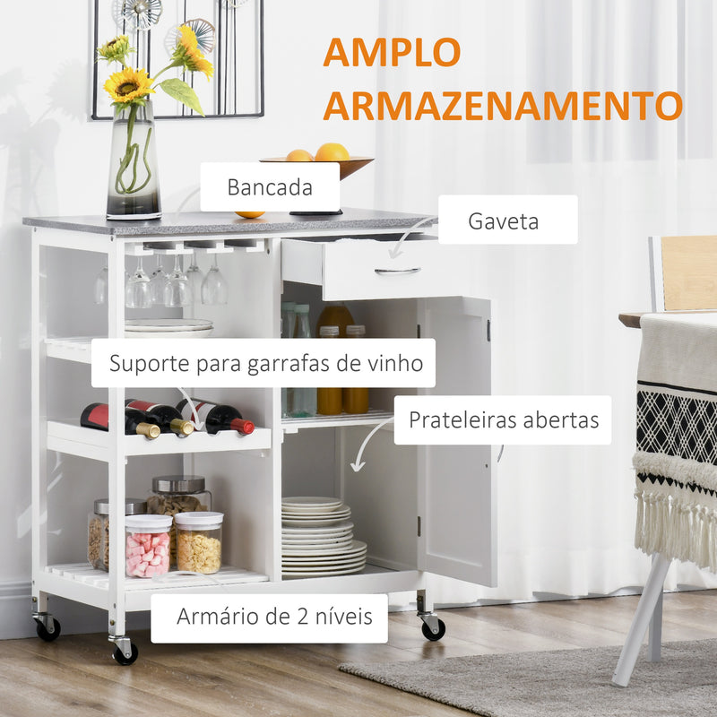 Carrinho de Cozinha com Rodas Carrinho de Cozinha com 1 Gaveta Prateleiras Removíveis Suporte para 4 Garrafas e Armário para Sala de Jantar Sala de Estar Carga 40kg 76x48x88cm Branco e Cinza