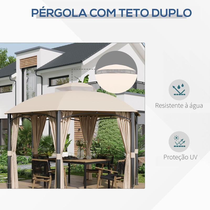 Pérgola de Jardim Hexagonal 4x4m Pérgola de Exterior com Teto Duplo de Ventilação 6 Cortinas Laterais 6 Telas Mosquiteiras com Zíper para Festas Pátio Cáqui