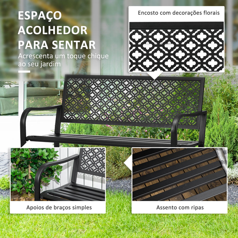 Banco de Jardim de Aço Banco de Exterior de 2 Lugares com Encosto Decorativo para Terraço Varanda Pátio Carga Máxima 240kg 127x63x83cm Preto