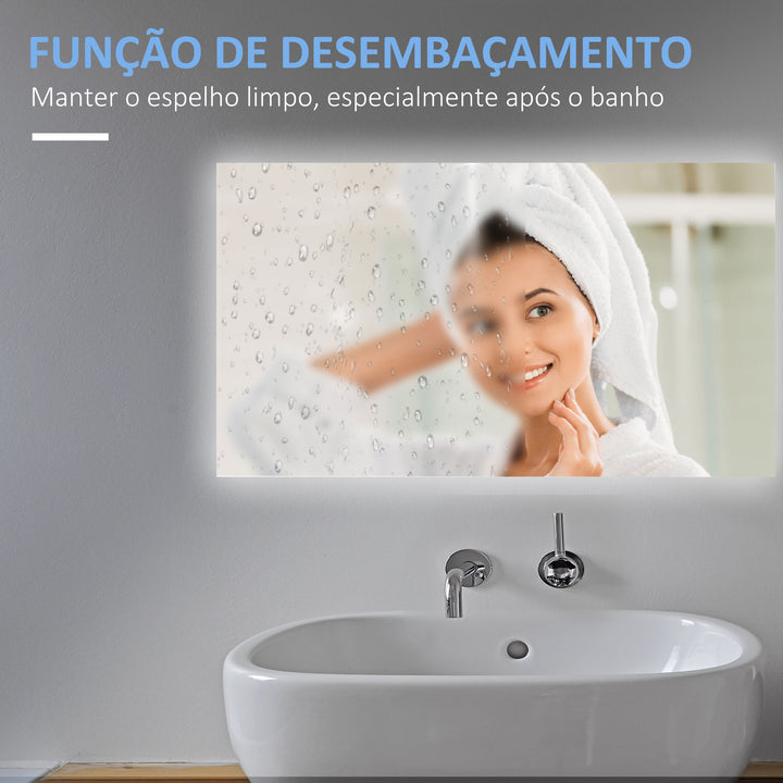 Espelho de Casa de Banho com Luz LED Espelho de Parede Anti-Embaciamento 90x60cm com Interruptor Tátil 3 Luzes Ajustáveis Função de Memória e Estrutura de Alumínio Suspensão Vertical ou Horizontal Prata