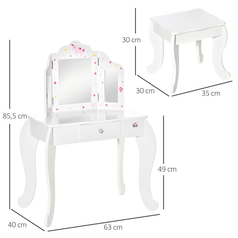 Toucador Infantil de Madeira com Banco e Espelho de Acrílico de 2 Sessões Mesa de Maquilhagem Infantil com Gaveta para Dormitório Sala de Jogos 63x40x85,5cm Branco