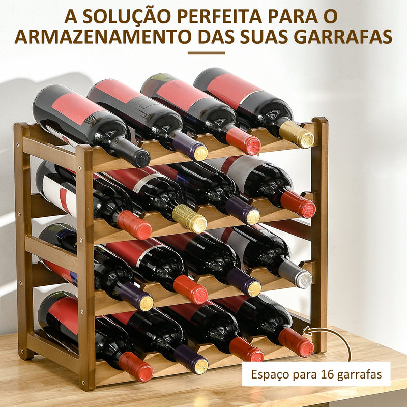 Suporte para 16 Garrafas de Bambu Prateleira para Garrafas de Vinho de 4 Níveis para Cozinha Sala de Jantar Bar Carga Máxima 75kg 43x23,5x38cm Marrom