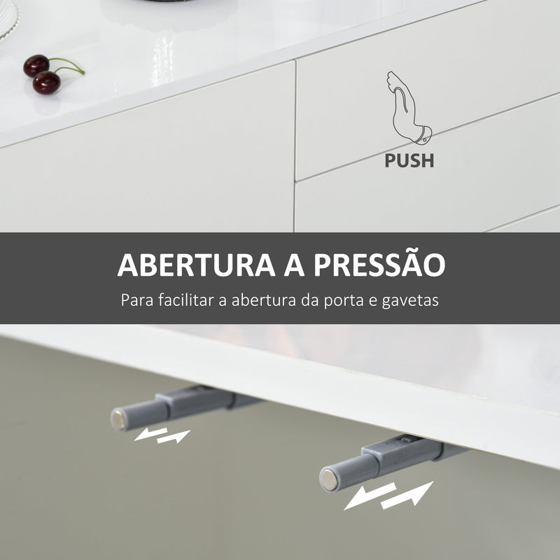 Aparador de Sala de Estar com 3 Portas 2 Gavetas e Prateleira Interior Ajustável Móvel Auxiliar de Armazenamento para Cozinha Dormitório Anti-Rolamento 117x36x74cm Branco