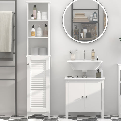 Coluna Casa de Banho com 1 Porta 3 Prateleiras Abertas e Prateleira Interior Ajustável Móvel Auxiliar de Armazenamento para Sala de Estar Dormitório 34x20x165cm Branco