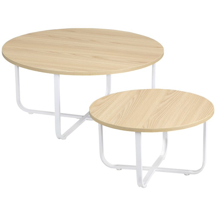 Conjunto de 2 Mesas de Centro Ø65x32cm e Ø45x26cm Mesas de Sala de Estar Redondas com Bancada de Madeira e Pés de Metal para Dormitório Madeira e Branco