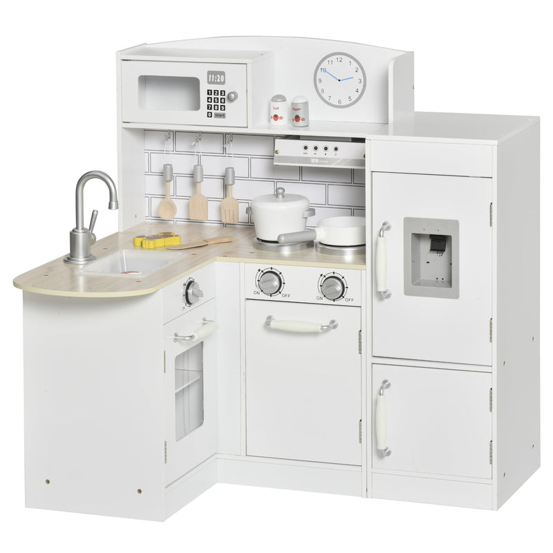 Cozinha de Brinquedo de Madeira para Crianças acima de 3 Anos Cozinha Infantil com Frigorífico Microondas Lavatório e 14 Acessórios 86x64x84,5cm Branco