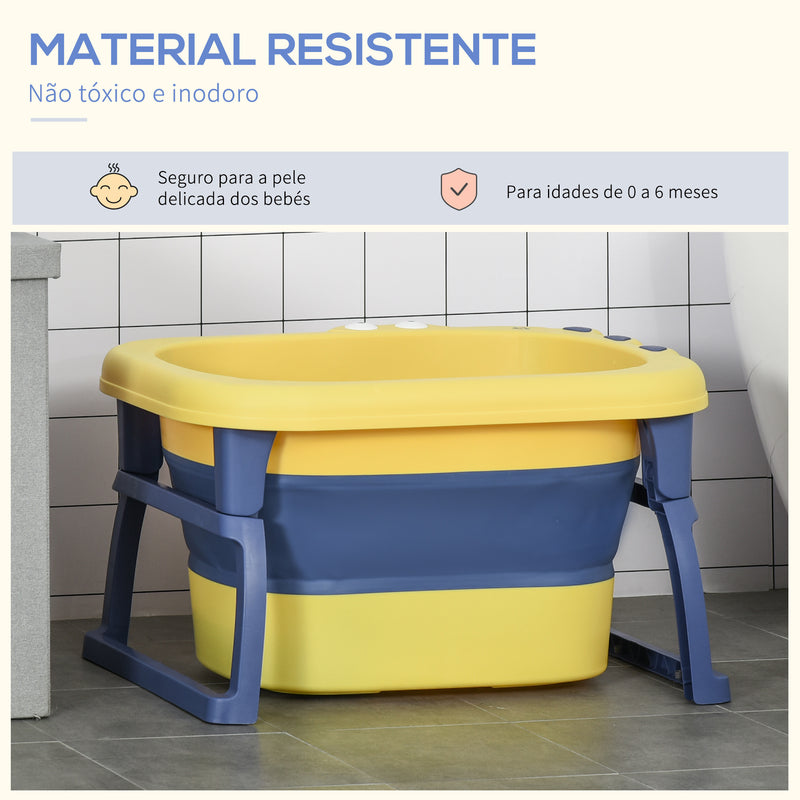 Banheira Dobrável para Bebé de 0-6 Anos Capacidade 105L Banheira Portátil para Crianças com Pés Antiderrapantes e Orifício de Drenagem Carga Máxima 50kg 75,3x55,4x43cm Amarelo e Azul