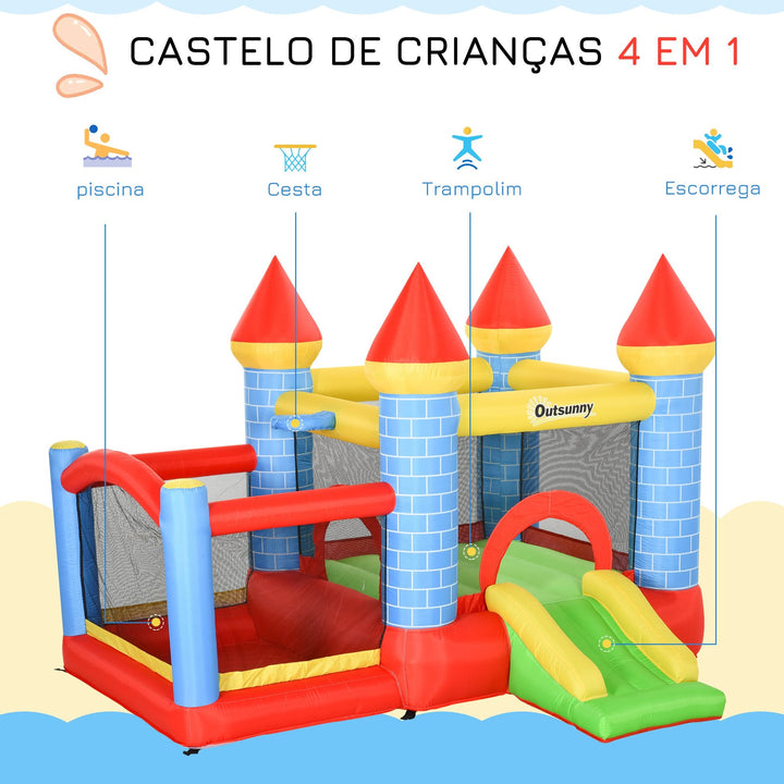 Castelo inflável infantil com escorrega cama de salto insuflador e bolsa de transporte para interior e exterior 300x275x210 cm Multicolor
