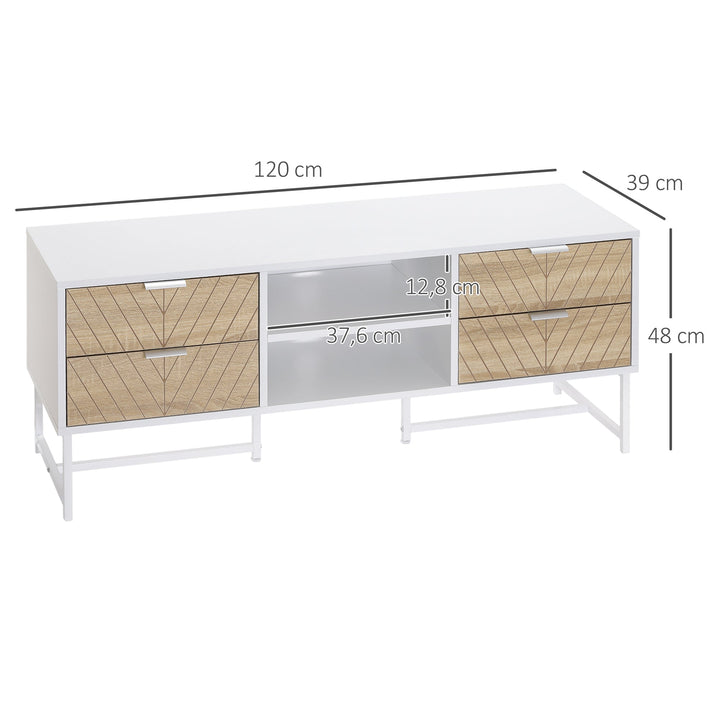 Móvel de TV de até 47 Polegadas Móvel de Sala de Estar Moderno com 4 Gavetas 2 Prateleiras Abertas e Orifício Passa Cabos 120x39x48cm Branco e Carvalho