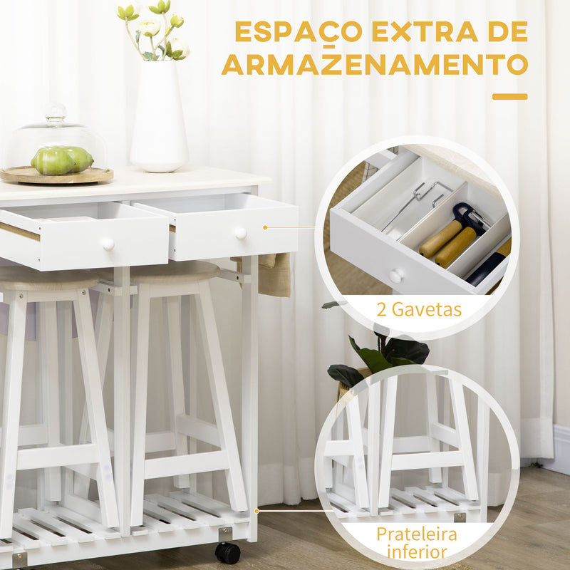 Conjunto de Mesa e 2 Bancos para Cozinha Mesa de Cozinha com Rodas Bancada Dobrável 2 Gavetas Barra para Pendurar e Prateleira de Armazenamento 87x74x86cm Carvalho e Branco