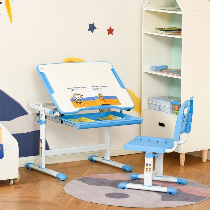 Secretária Infantil 2 em 1 Conjunto de Secretária e Cadeira para Crianças acima de 6 Anos com Altura Ajustável Mesa com Ângulos Regulável e Bandeja Deslizante 66x47x77cm Azul