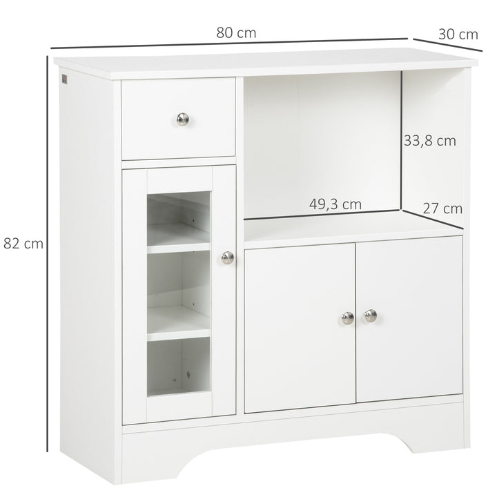 Aparador de Cozinha Moderno com Porta de Vidro Gaveta Prateleira Aberta e Prateleiras Ajustáveis Móvel Auxiliar de Armazenamento para Sala de Jantar Sala de Estar 80x30x82cm Branco
