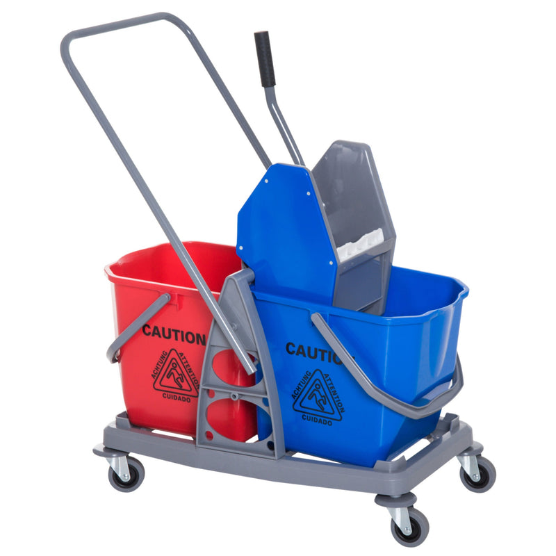 Carro de Limpeza Professional Carro de Limpeza de Metal com 2 Baldes de 25 Litros Removíveis Escorredor Manual e 4 Rodas 73x45x92cm Vermelho e Azul