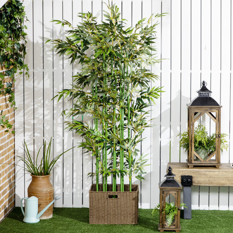 Planta Artificial em Vaso de Madeira de Pinho 180cm Bambu Artificial com 1640 Folhas Realistas Decoração para Interior e Exterior 35x10x180 cm Verde